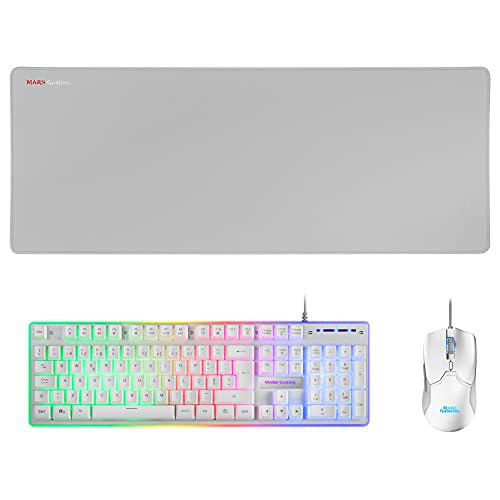 Mars Gaming MCPXWPT, Combo Teclado H-Mech FRGB, Ratón Ultraligero 10000DPI y Alfombrilla XXL