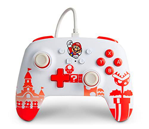 Power A - Mando con cable, botones programables y salida de audio de color blanco y rojo